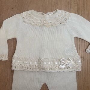 Cream Knit Baby Sweater Set with Lace & Bow